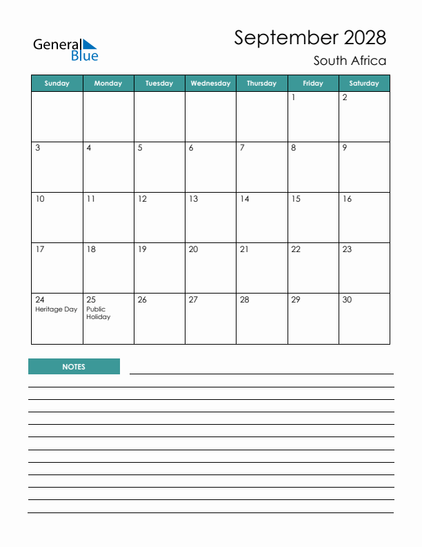 Calendar with Notes Printable - Sunday Start