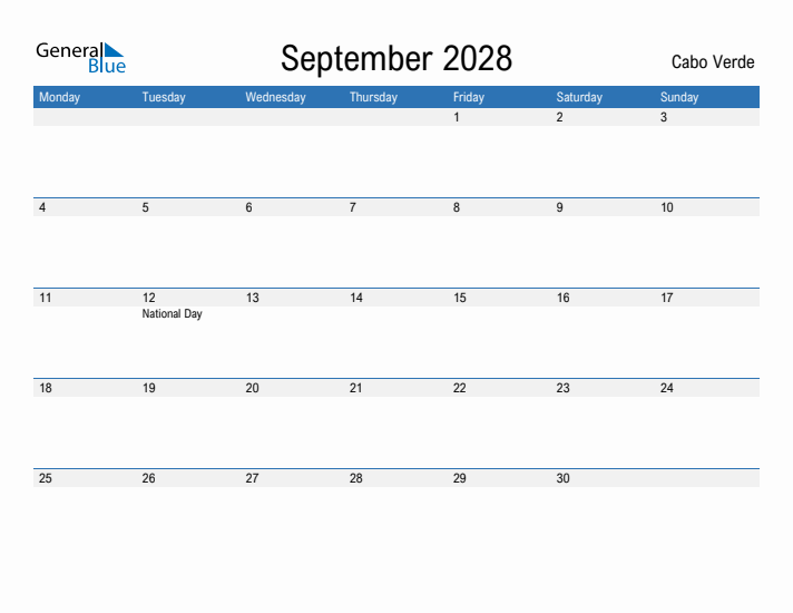 Fillable September 2028 Calendar