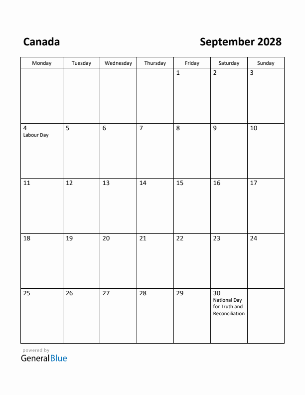 September 2028 Calendar with Canada Holidays