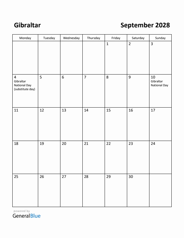 September 2028 Calendar with Gibraltar Holidays