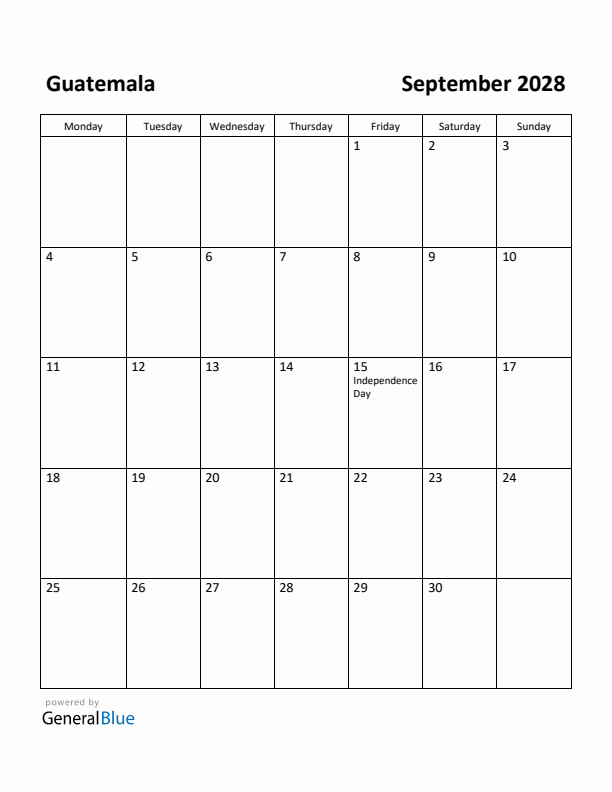 September 2028 Calendar with Guatemala Holidays