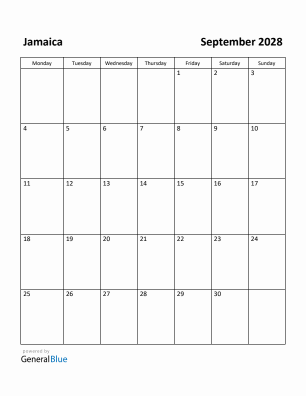 September 2028 Calendar with Jamaica Holidays