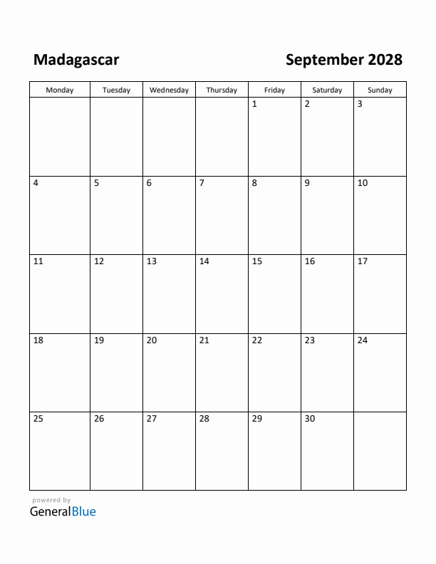 September 2028 Calendar with Madagascar Holidays