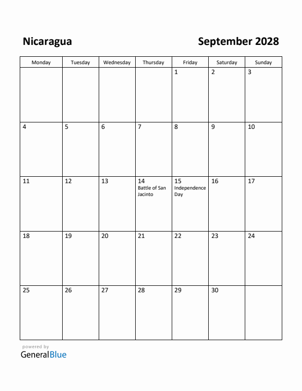 September 2028 Calendar with Nicaragua Holidays