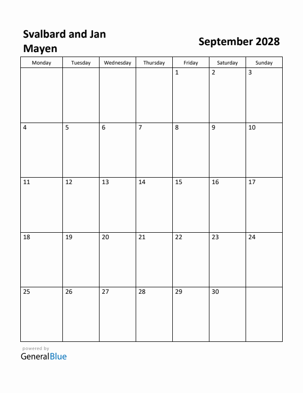 September 2028 Calendar with Svalbard and Jan Mayen Holidays