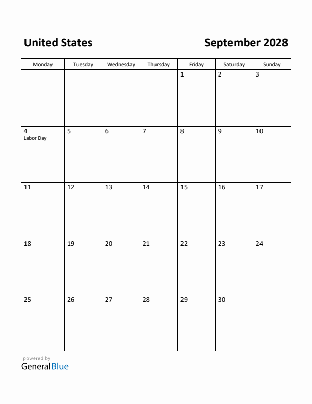 September 2028 Calendar with United States Holidays