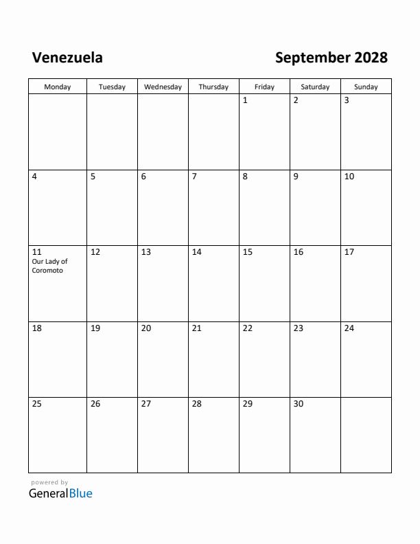 September 2028 Calendar with Venezuela Holidays