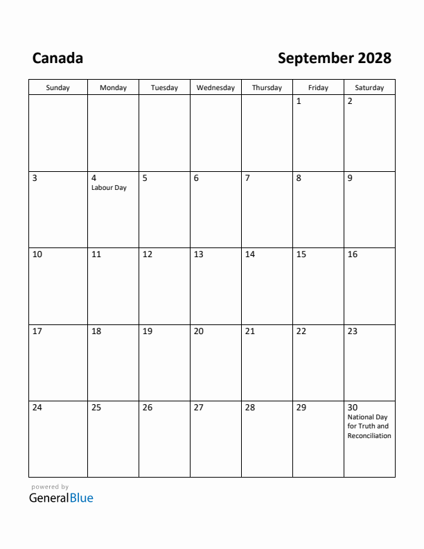 September 2028 Calendar with Canada Holidays