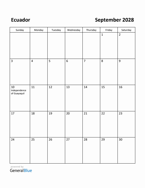 September 2028 Calendar with Ecuador Holidays