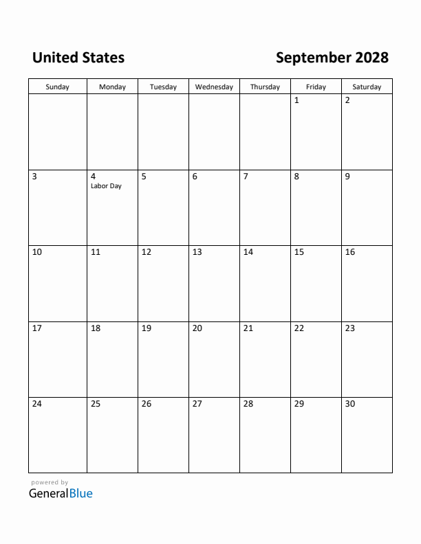 September 2028 Calendar with United States Holidays