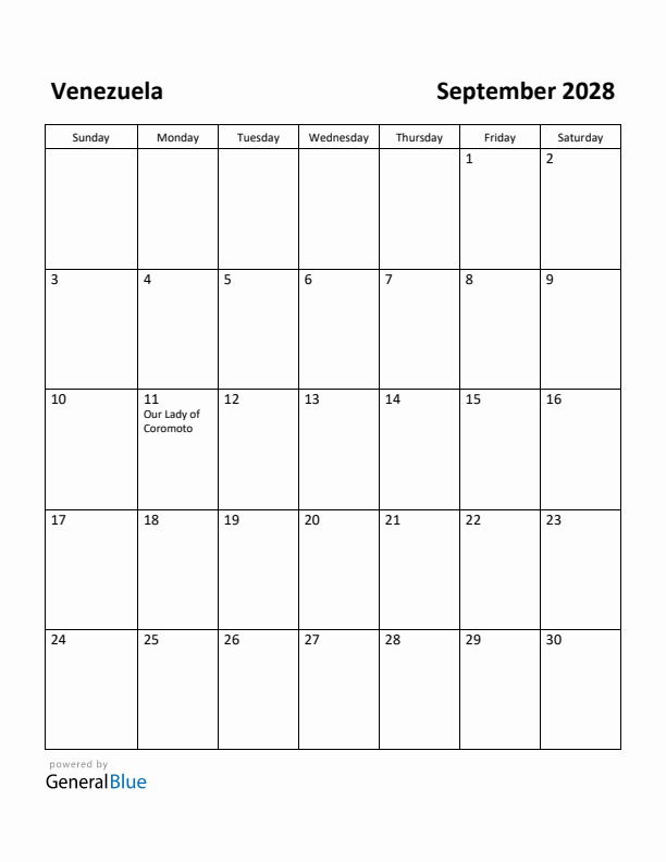 September 2028 Calendar with Venezuela Holidays