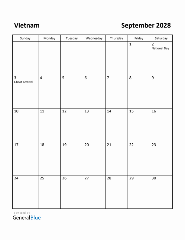 September 2028 Calendar with Vietnam Holidays