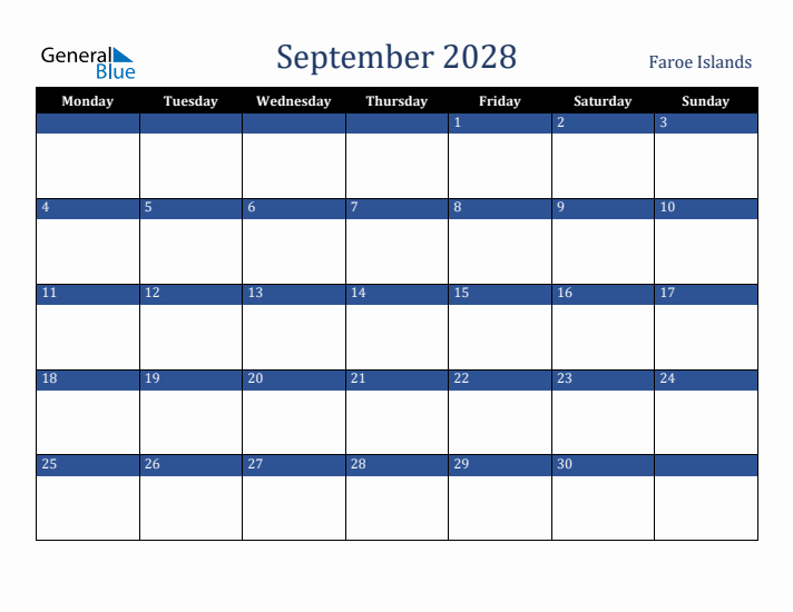 September 2028 Faroe Islands Calendar (Monday Start)