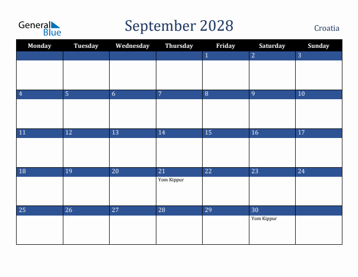 September 2028 Croatia Calendar (Monday Start)