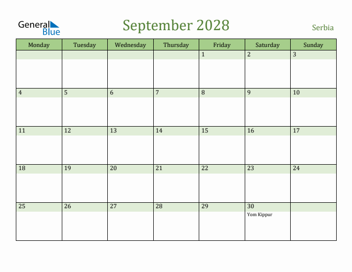 September 2028 Calendar with Serbia Holidays