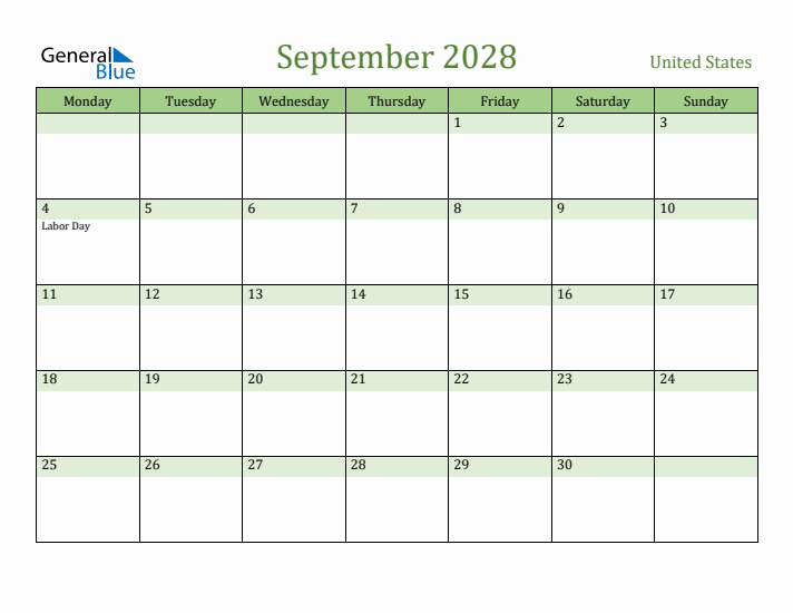 September 2028 Calendar with United States Holidays