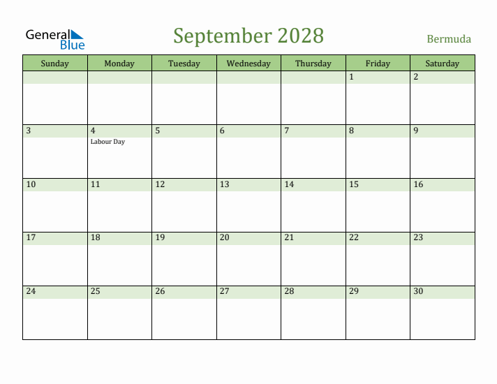 September 2028 Calendar with Bermuda Holidays