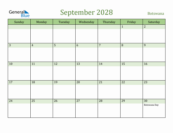 September 2028 Calendar with Botswana Holidays