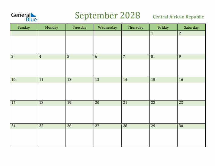 September 2028 Calendar with Central African Republic Holidays