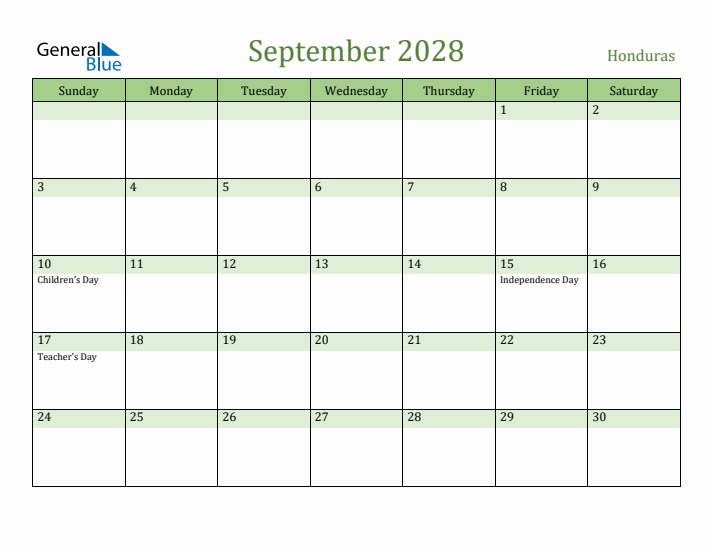 September 2028 Calendar with Honduras Holidays