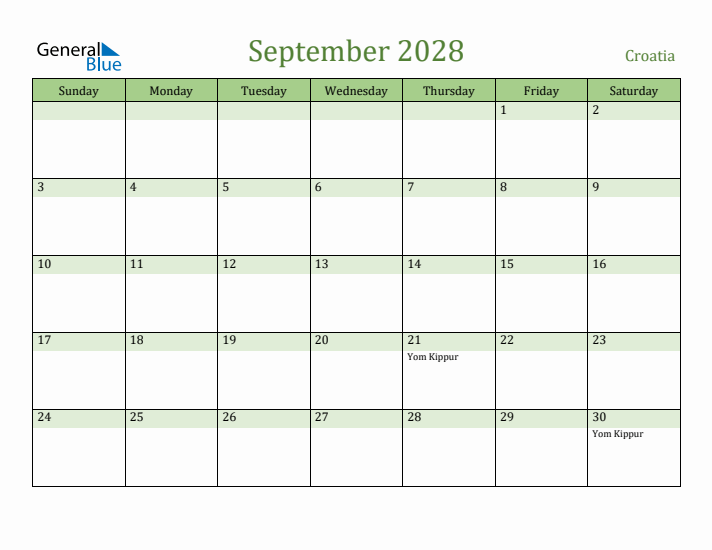 September 2028 Calendar with Croatia Holidays