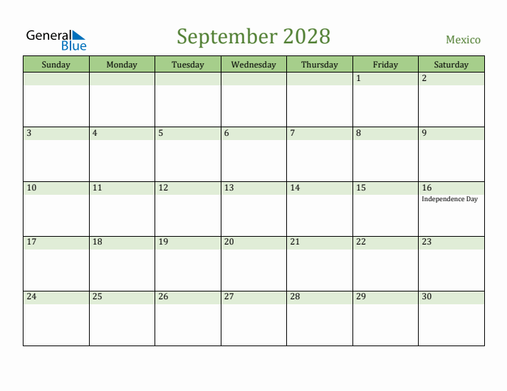 September 2028 Calendar with Mexico Holidays