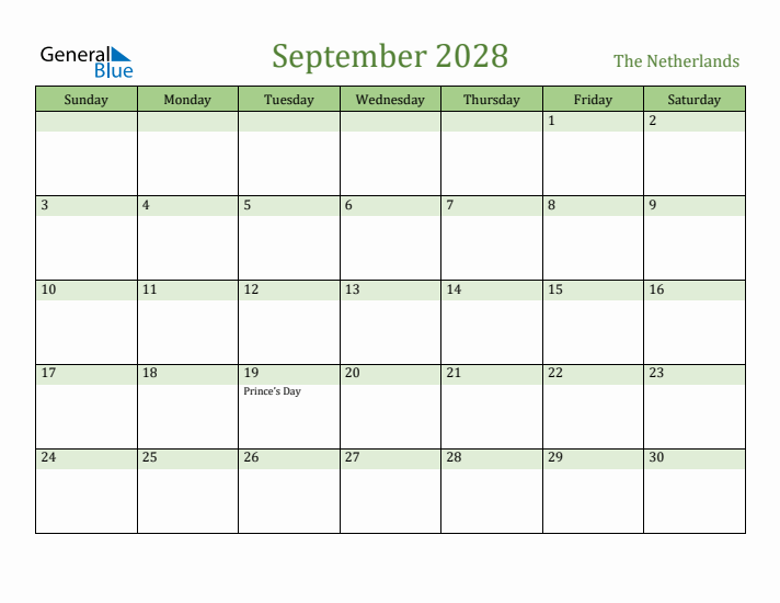 September 2028 Calendar with The Netherlands Holidays