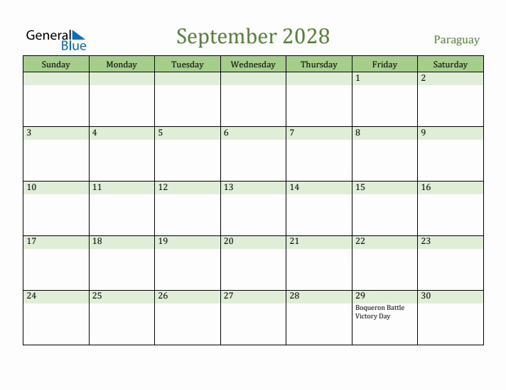 September 2028 Calendar with Paraguay Holidays