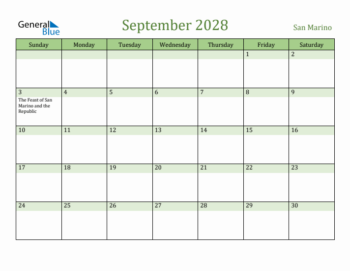 September 2028 Calendar with San Marino Holidays