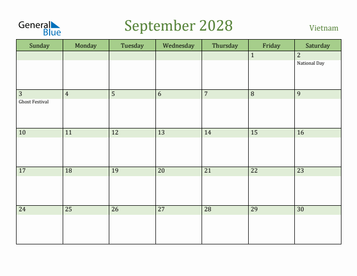 September 2028 Calendar with Vietnam Holidays