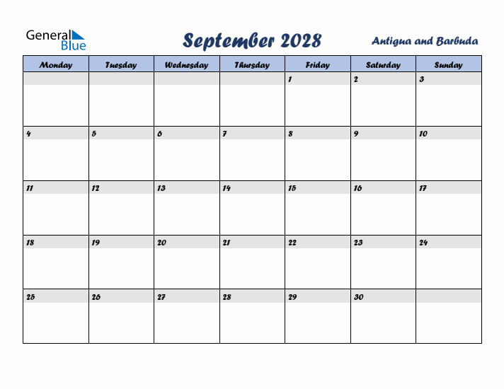 September 2028 Calendar with Holidays in Antigua and Barbuda