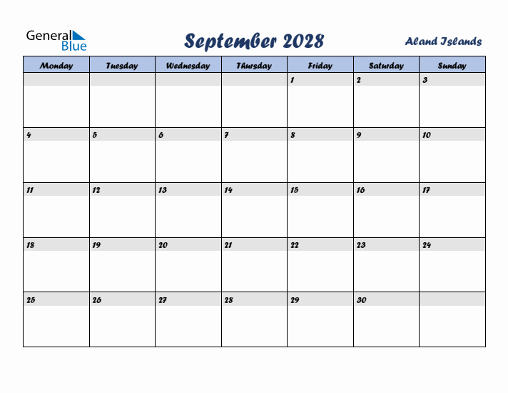 September 2028 Calendar with Holidays in Aland Islands