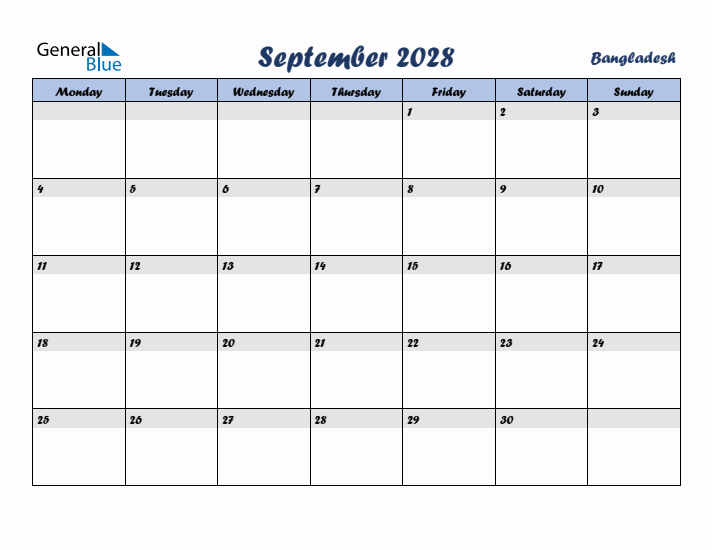 September 2028 Calendar with Holidays in Bangladesh