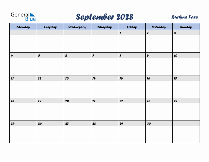 September 2028 Calendar with Holidays in Burkina Faso