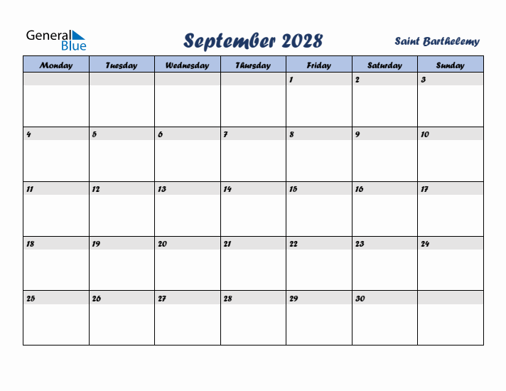 September 2028 Calendar with Holidays in Saint Barthelemy