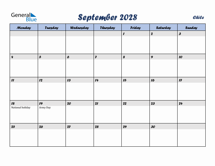 September 2028 Calendar with Holidays in Chile