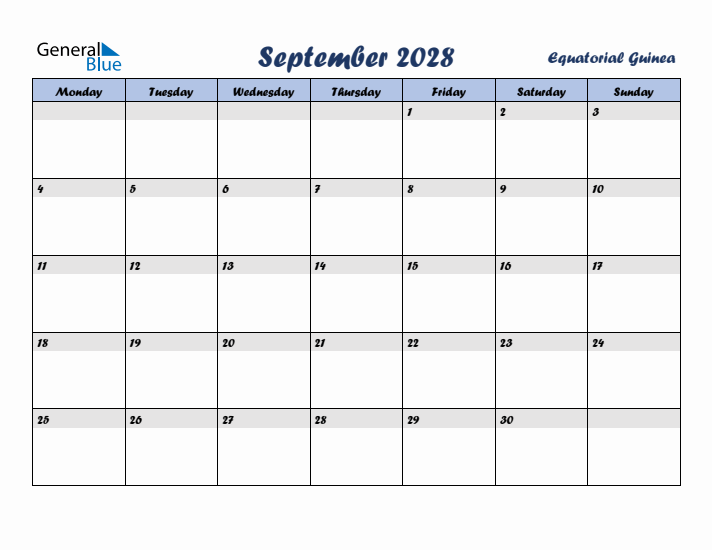 September 2028 Calendar with Holidays in Equatorial Guinea