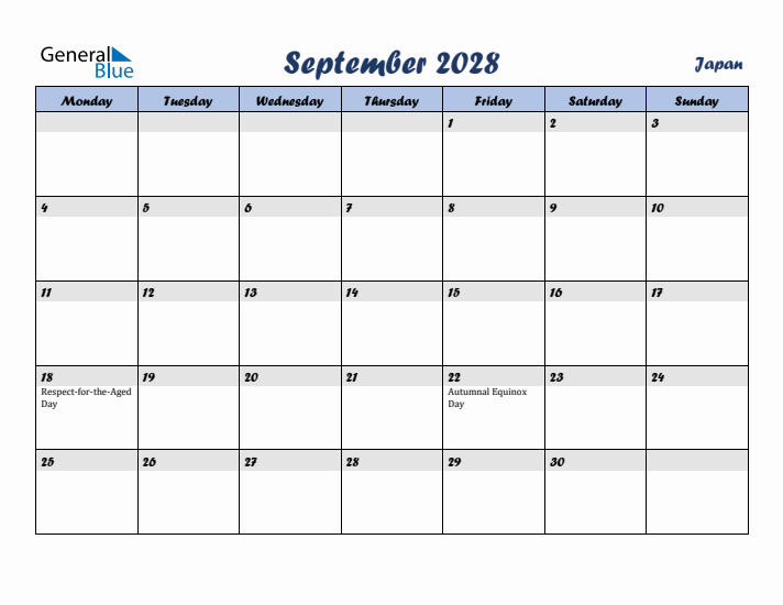 September 2028 Calendar with Holidays in Japan