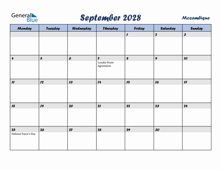 September 2028 Calendar with Holidays in Mozambique