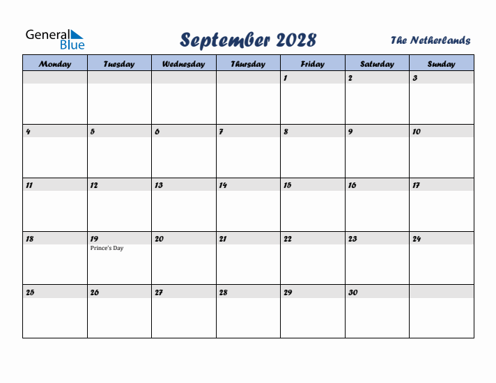 September 2028 Calendar with Holidays in The Netherlands