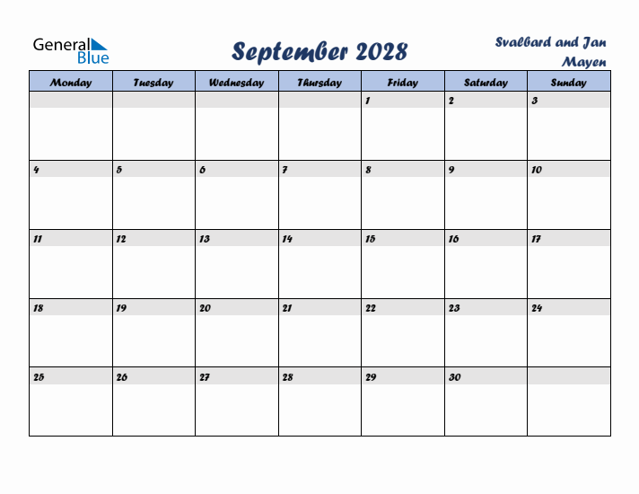 September 2028 Calendar with Holidays in Svalbard and Jan Mayen