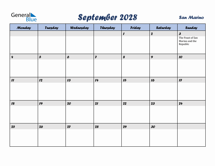 September 2028 Calendar with Holidays in San Marino