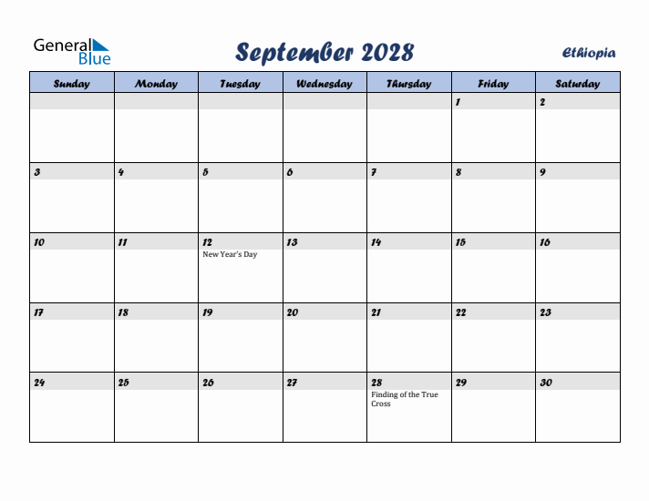 September 2028 Calendar with Holidays in Ethiopia