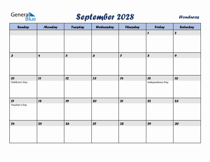 September 2028 Calendar with Holidays in Honduras