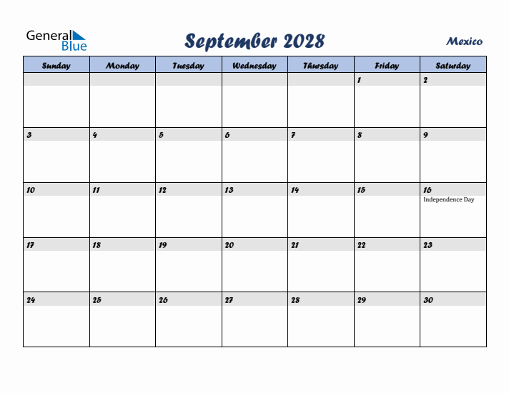 September 2028 Calendar with Holidays in Mexico