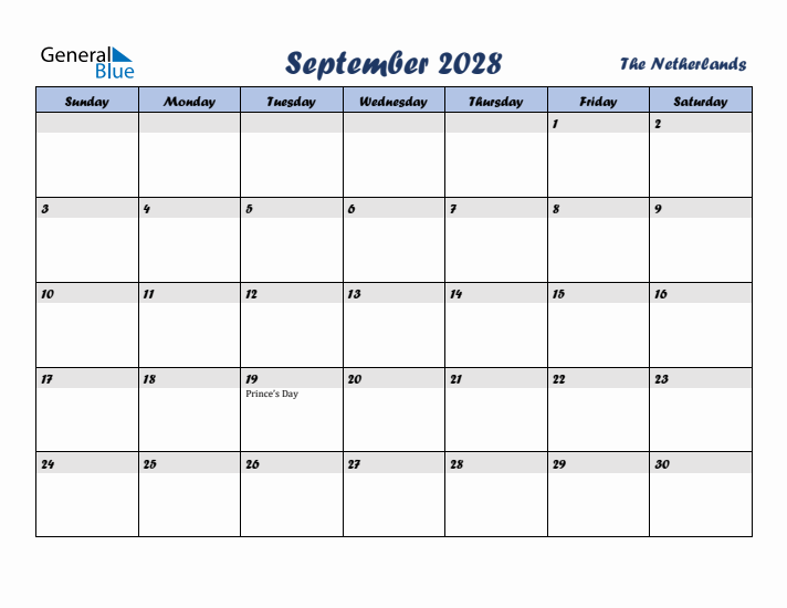 September 2028 Calendar with Holidays in The Netherlands