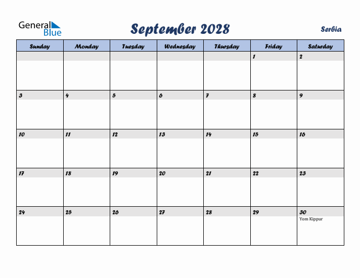 September 2028 Calendar with Holidays in Serbia