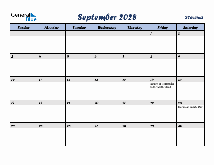 September 2028 Calendar with Holidays in Slovenia