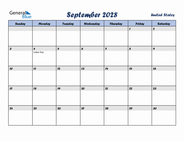 September 2028 Calendar with Holidays in United States