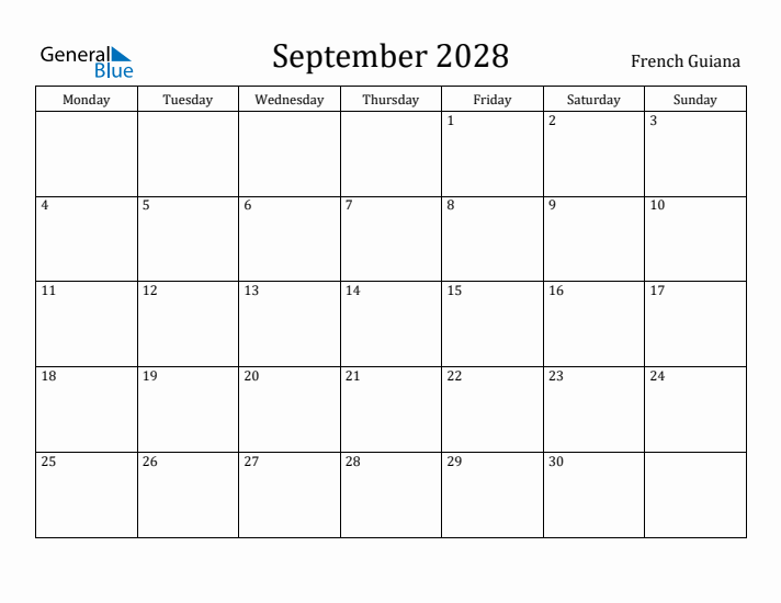 September 2028 Calendar French Guiana